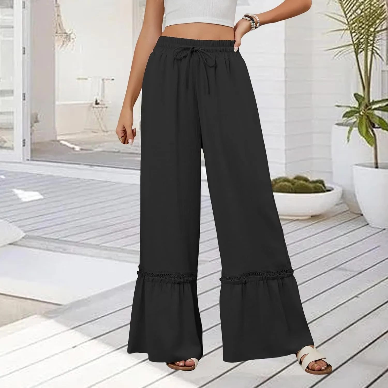 Womens Pants Loose Fit Trousers High Waist Pant Tiered Ruffle Flowy Swing Pants Summer Beach Trousers 2025