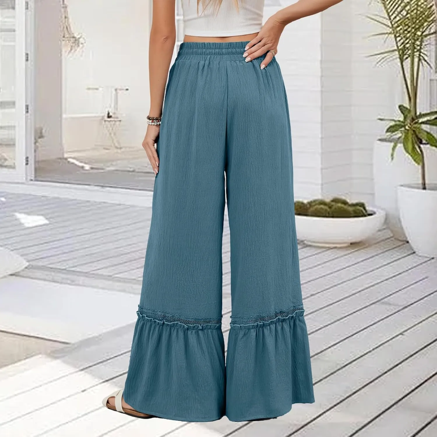 Womens Pants Loose Fit Trousers High Waist Pant Tiered Ruffle Flowy Swing Pants Summer Beach Trousers 2025