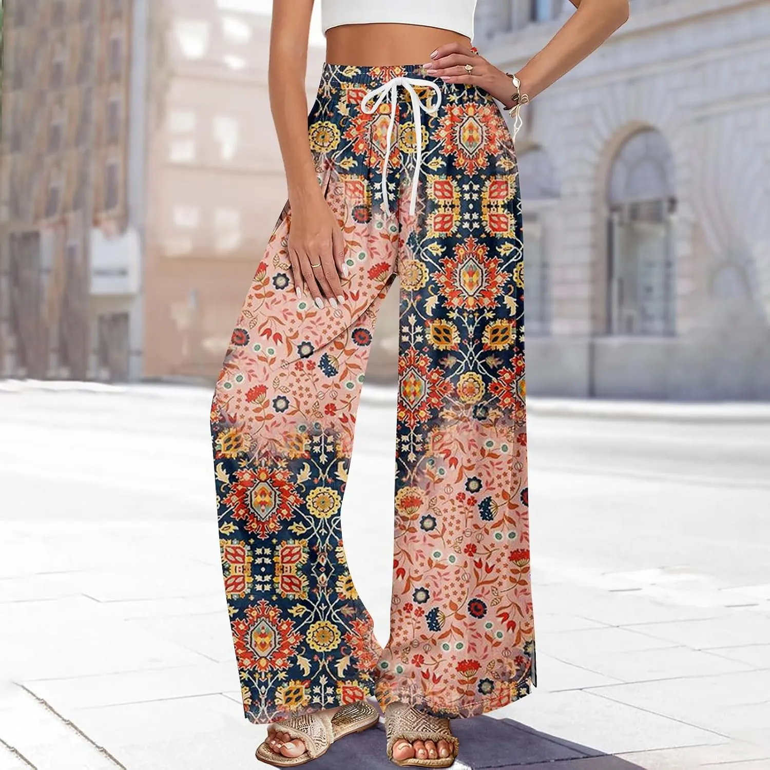 Womens Pants Wide Leg High Waistd Beach 2025 Pants Side Split Drawstring Elastic Waist Floral Print Pockets Trousers