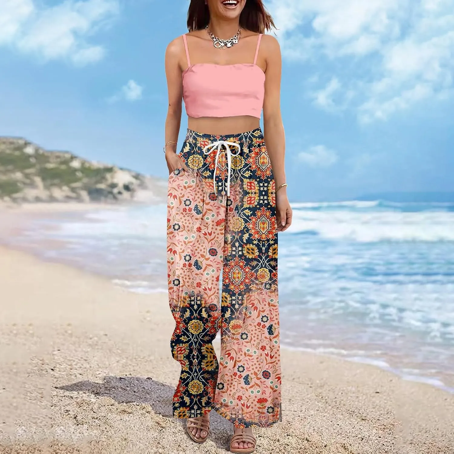 Womens Pants Wide Leg High Waistd Beach 2025 Pants Side Split Drawstring Elastic Waist Floral Print Pockets Trousers