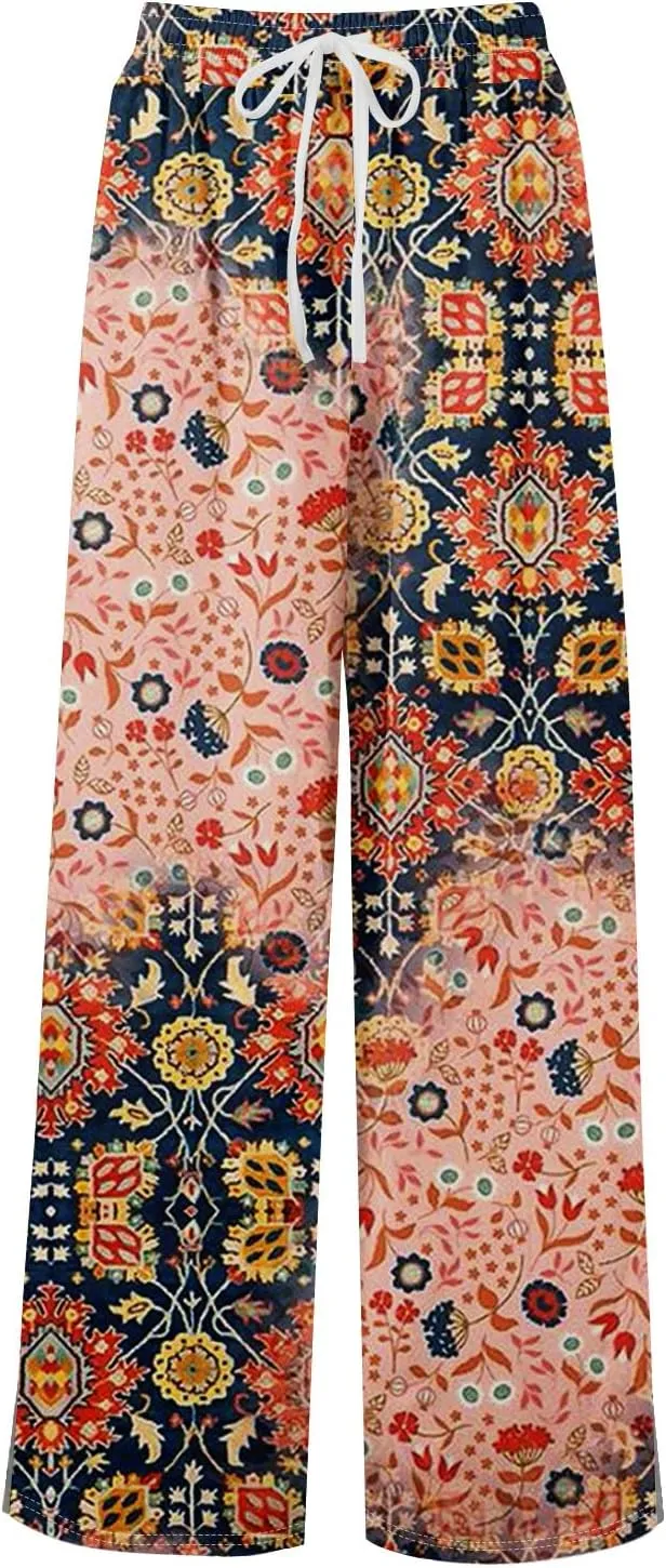 Womens Pants Wide Leg High Waistd Beach 2025 Pants Side Split Drawstring Elastic Waist Floral Print Pockets Trousers