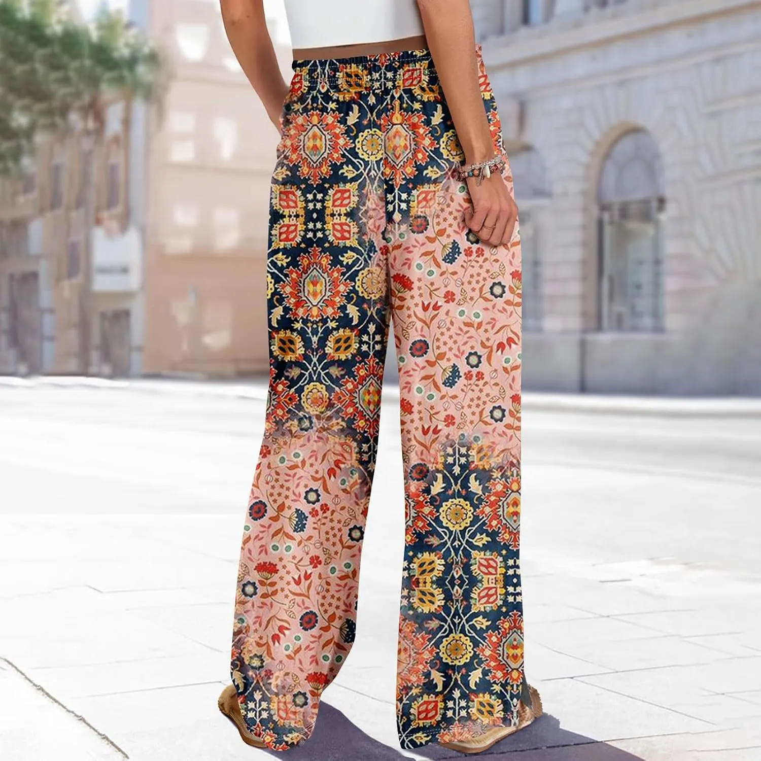 Womens Pants Wide Leg High Waistd Beach 2025 Pants Side Split Drawstring Elastic Waist Floral Print Pockets Trousers
