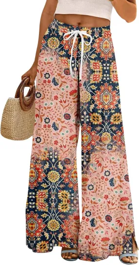 Womens Pants Wide Leg High Waistd Beach 2025 Pants Side Split Drawstring Elastic Waist Floral Print Pockets Trousers