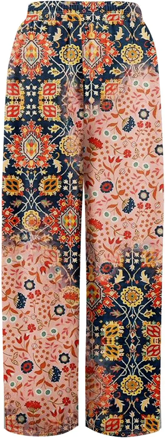 Womens Pants Wide Leg High Waistd Beach 2025 Pants Side Split Drawstring Elastic Waist Floral Print Pockets Trousers