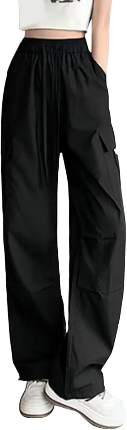 Womens Parachute Cargo Pants Quick Dry Lightweight Hiking Pant Workout Drawstring Elastic Waist Trousers with Pockets