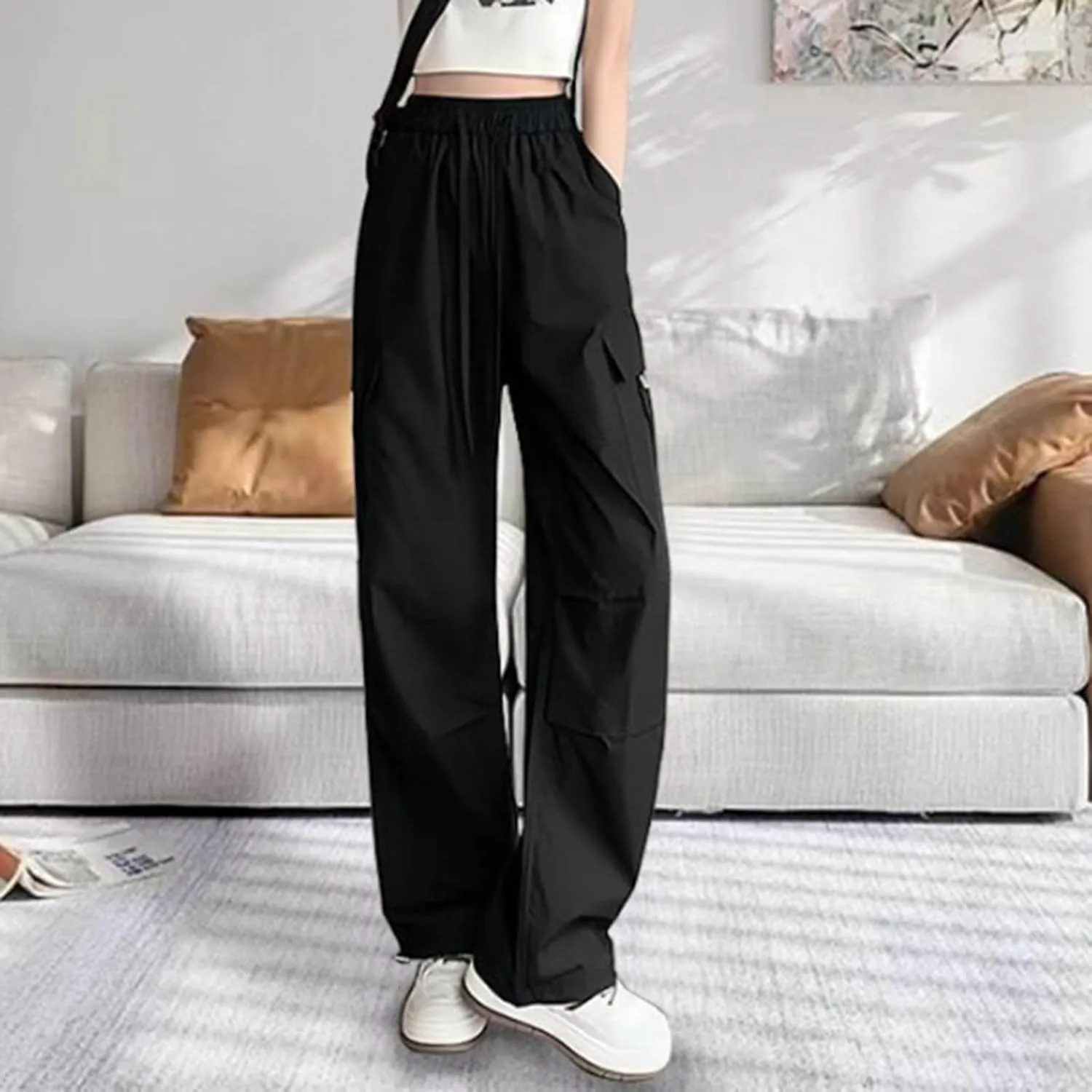 Womens Parachute Cargo Pants Quick Dry Lightweight Hiking Pant Workout Drawstring Elastic Waist Trousers with Pockets