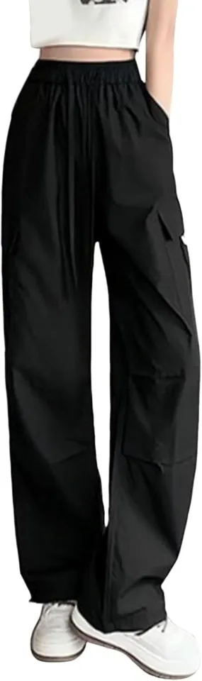 Womens Parachute Cargo Pants Quick Dry Lightweight Hiking Pant Workout Drawstring Elastic Waist Trousers with Pockets