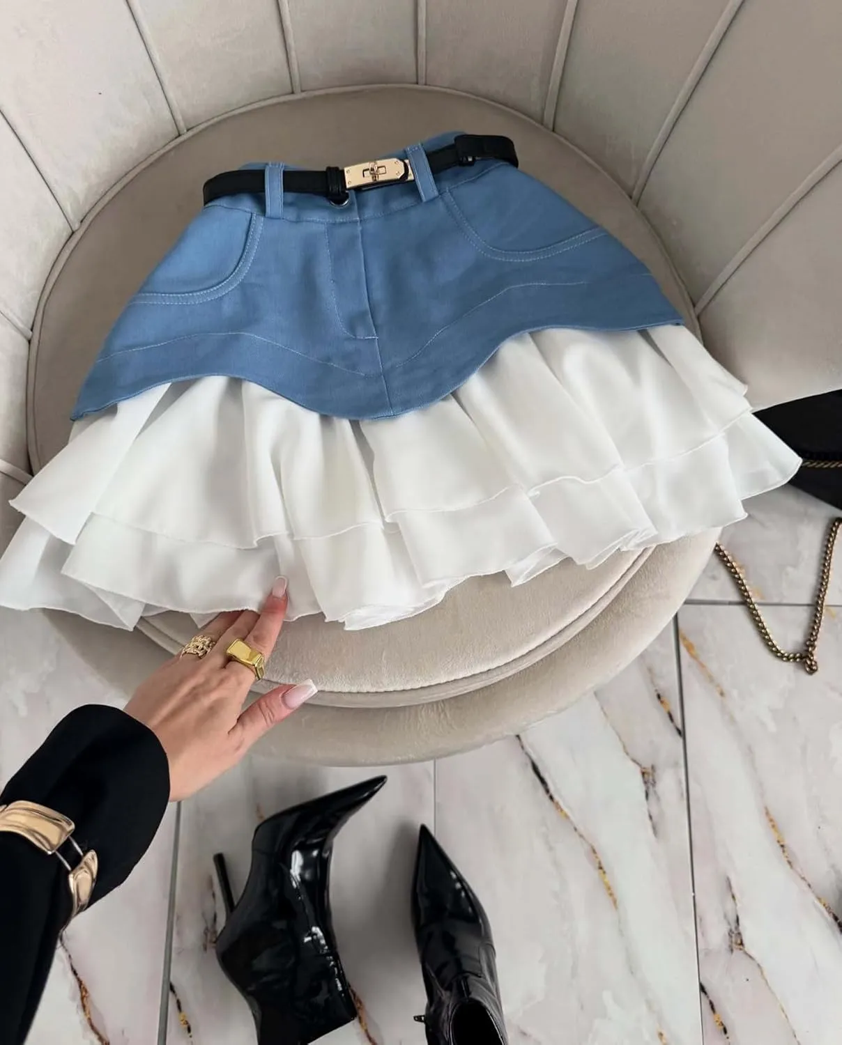 Women's Patchwork Denim Mini Skirt High Waisted Flared Flowy Layer Ruffle Hem A Line Y2k Jean Short Skirts