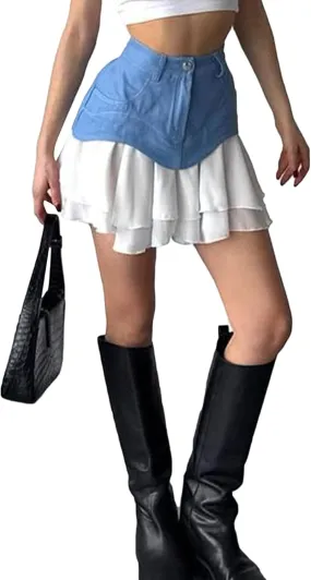 Women's Patchwork Denim Mini Skirt High Waisted Flared Flowy Layer Ruffle Hem A Line Y2k Jean Short Skirts