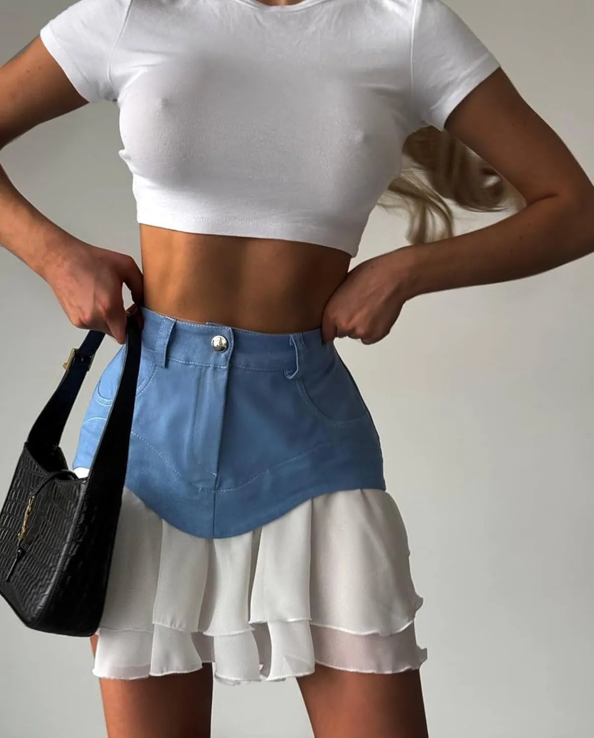 Women's Patchwork Denim Mini Skirt High Waisted Flared Flowy Layer Ruffle Hem A Line Y2k Jean Short Skirts