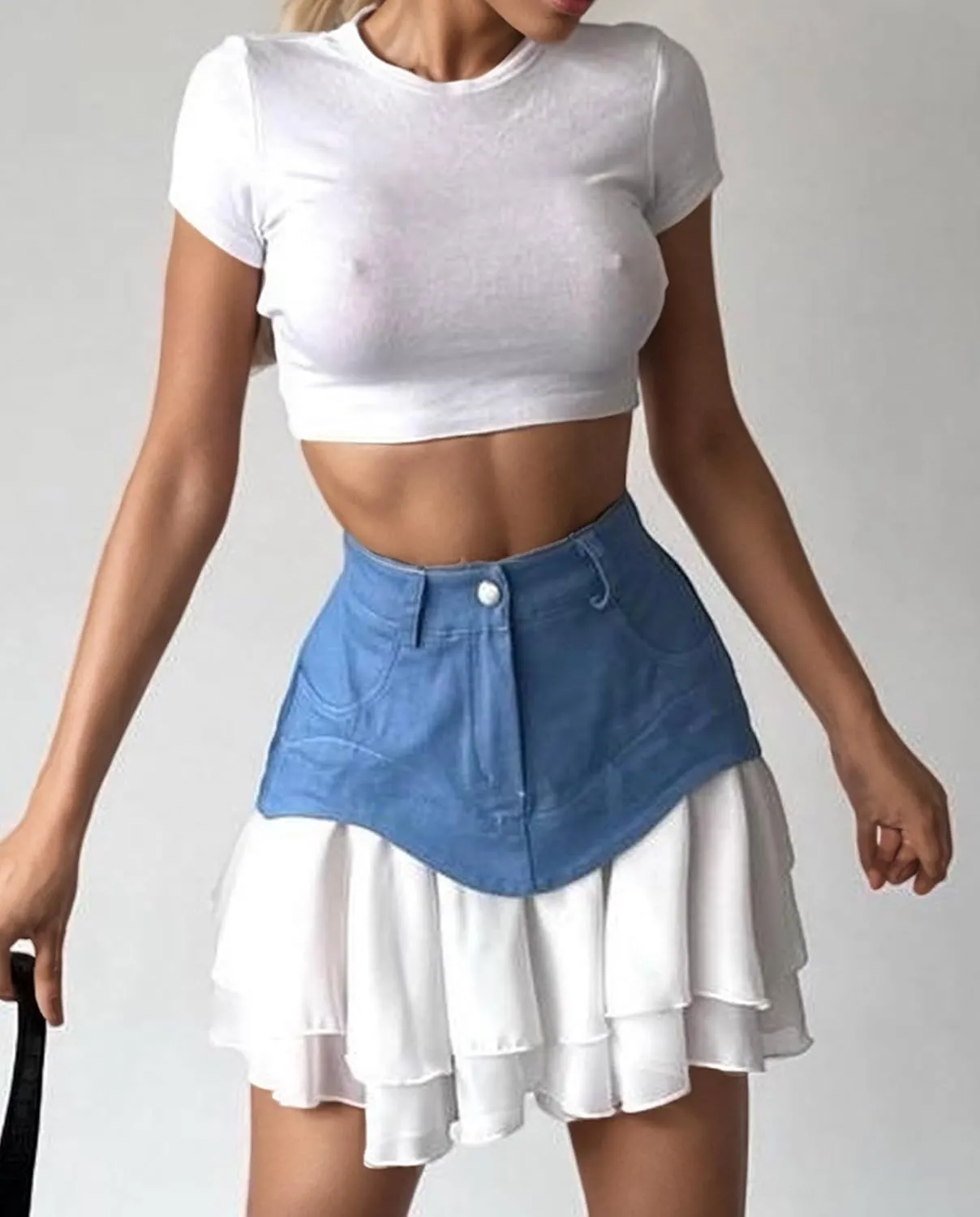 Women's Patchwork Denim Mini Skirt High Waisted Flared Flowy Layer Ruffle Hem A Line Y2k Jean Short Skirts