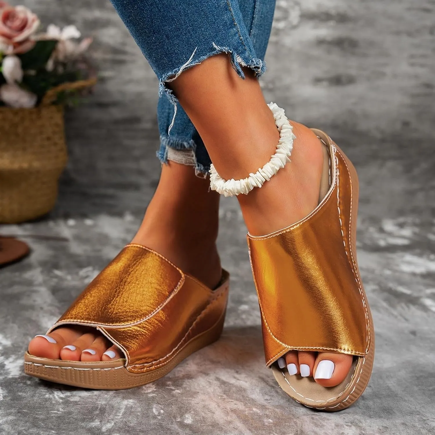 Women's Platform Wedge Sandals Slip On Peep Toe High Heel Sandal Comfortable Orthopedic Damping Sole Sandals Womens Dressy Summer Lightweight Flip Flops Casual Arch Support Walking Wedges Slippers
