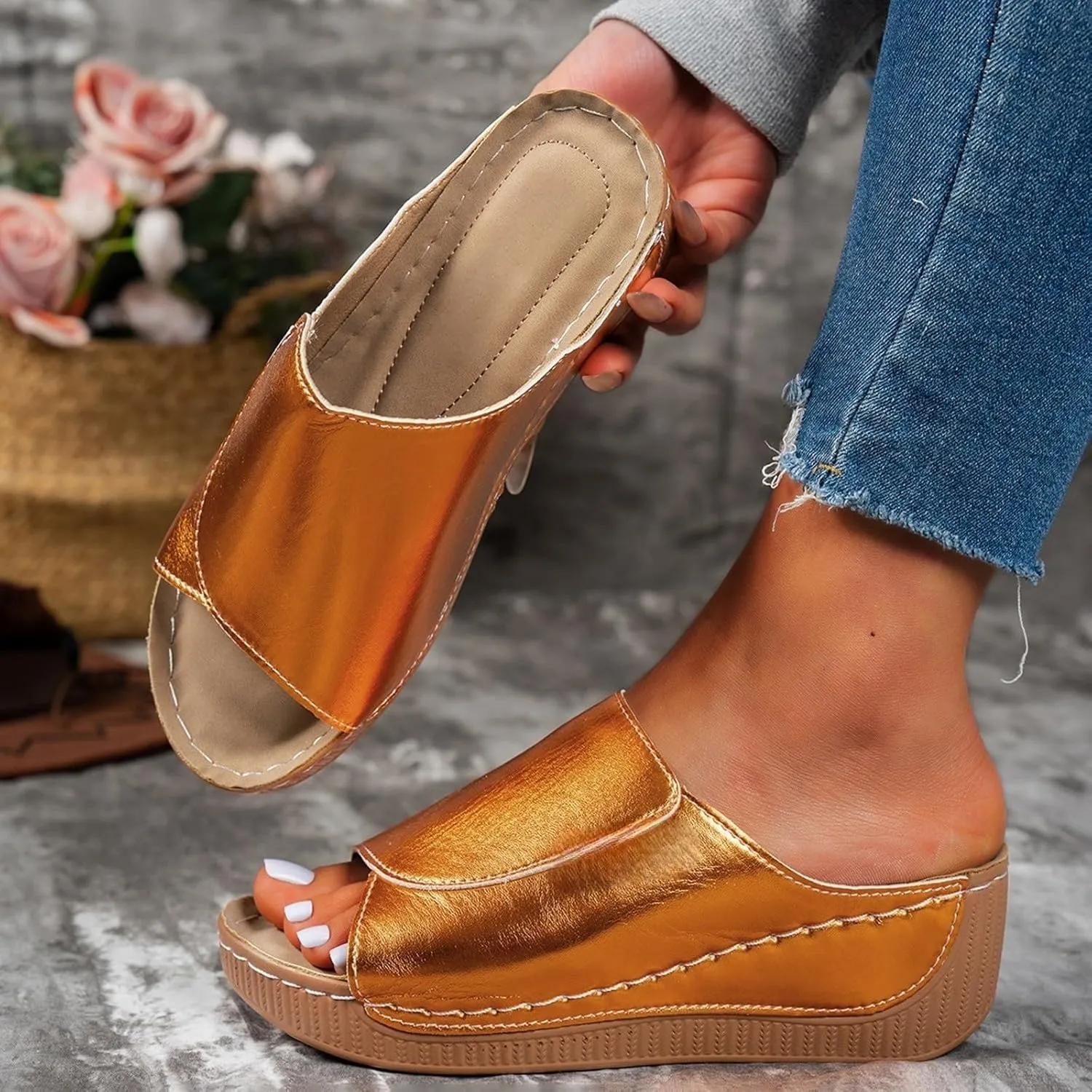 Women's Platform Wedge Sandals Slip On Peep Toe High Heel Sandal Comfortable Orthopedic Damping Sole Sandals Womens Dressy Summer Lightweight Flip Flops Casual Arch Support Walking Wedges Slippers