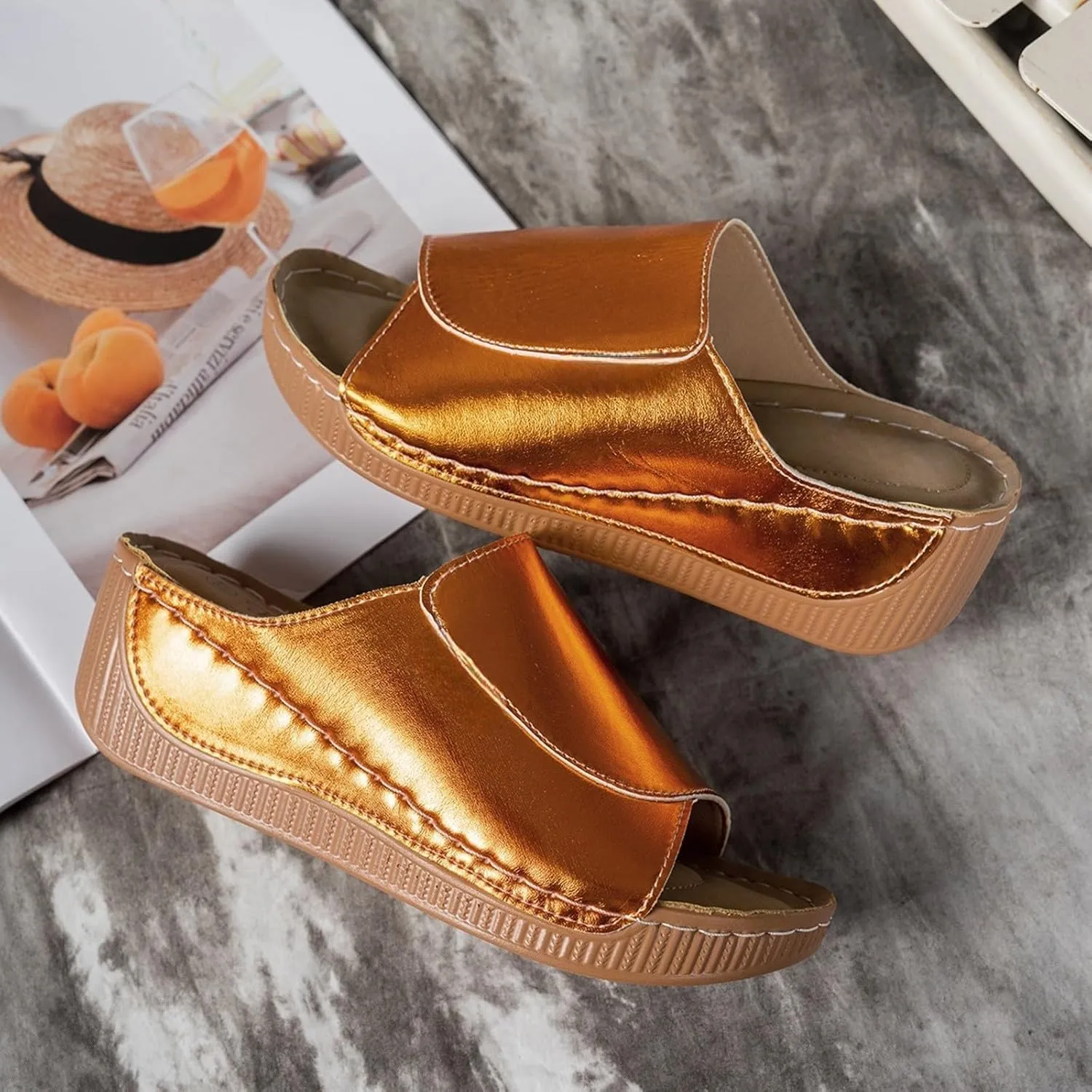 Women's Platform Wedge Sandals Slip On Peep Toe High Heel Sandal Comfortable Orthopedic Damping Sole Sandals Womens Dressy Summer Lightweight Flip Flops Casual Arch Support Walking Wedges Slippers