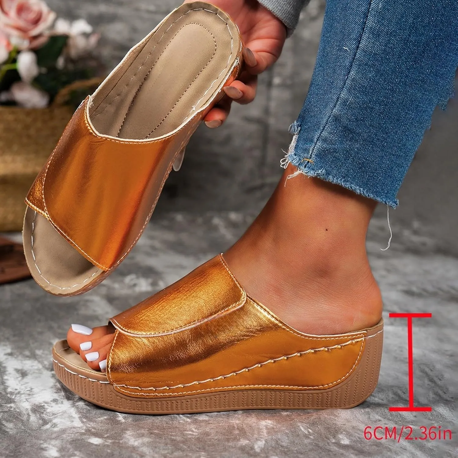 Women's Platform Wedge Sandals Slip On Peep Toe High Heel Sandal Comfortable Orthopedic Damping Sole Sandals Womens Dressy Summer Lightweight Flip Flops Casual Arch Support Walking Wedges Slippers