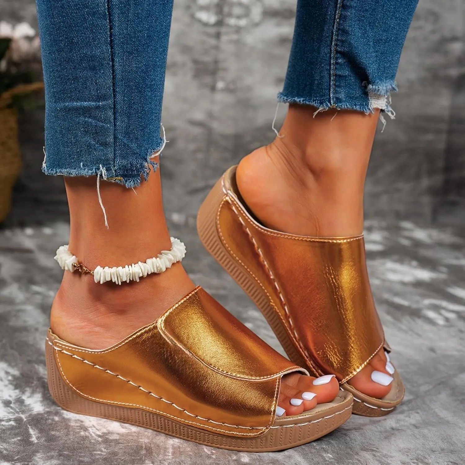 Women's Platform Wedge Sandals Slip On Peep Toe High Heel Sandal Comfortable Orthopedic Damping Sole Sandals Womens Dressy Summer Lightweight Flip Flops Casual Arch Support Walking Wedges Slippers