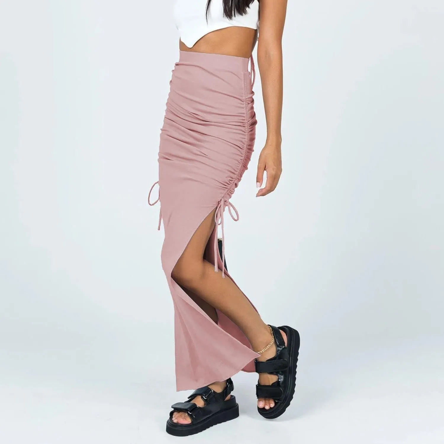 Women's Pleated Bodycon Skirt High Waisted Long Drawstring Knit Side Slit Midi Tean Length