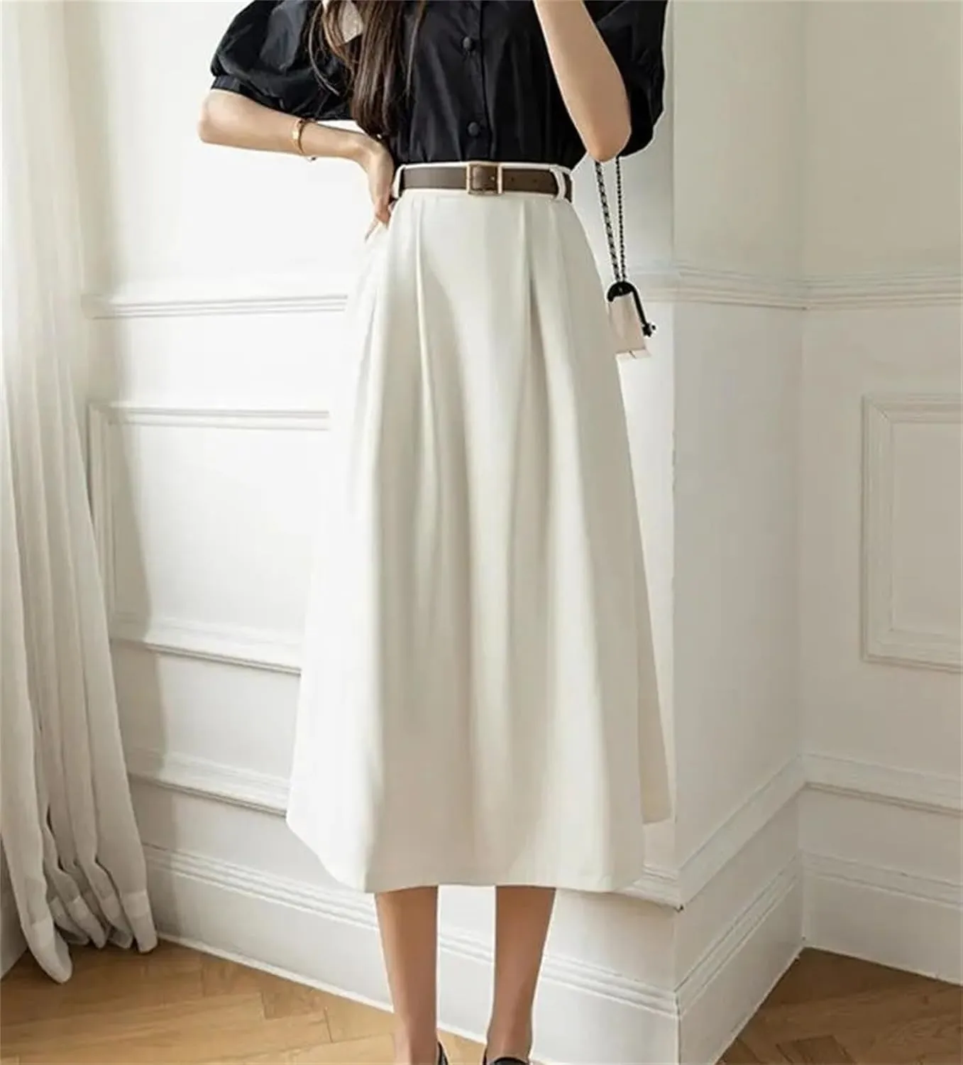 Women's Pleated High Waisted Skirt Mid to Long Length A-Line Skirt
