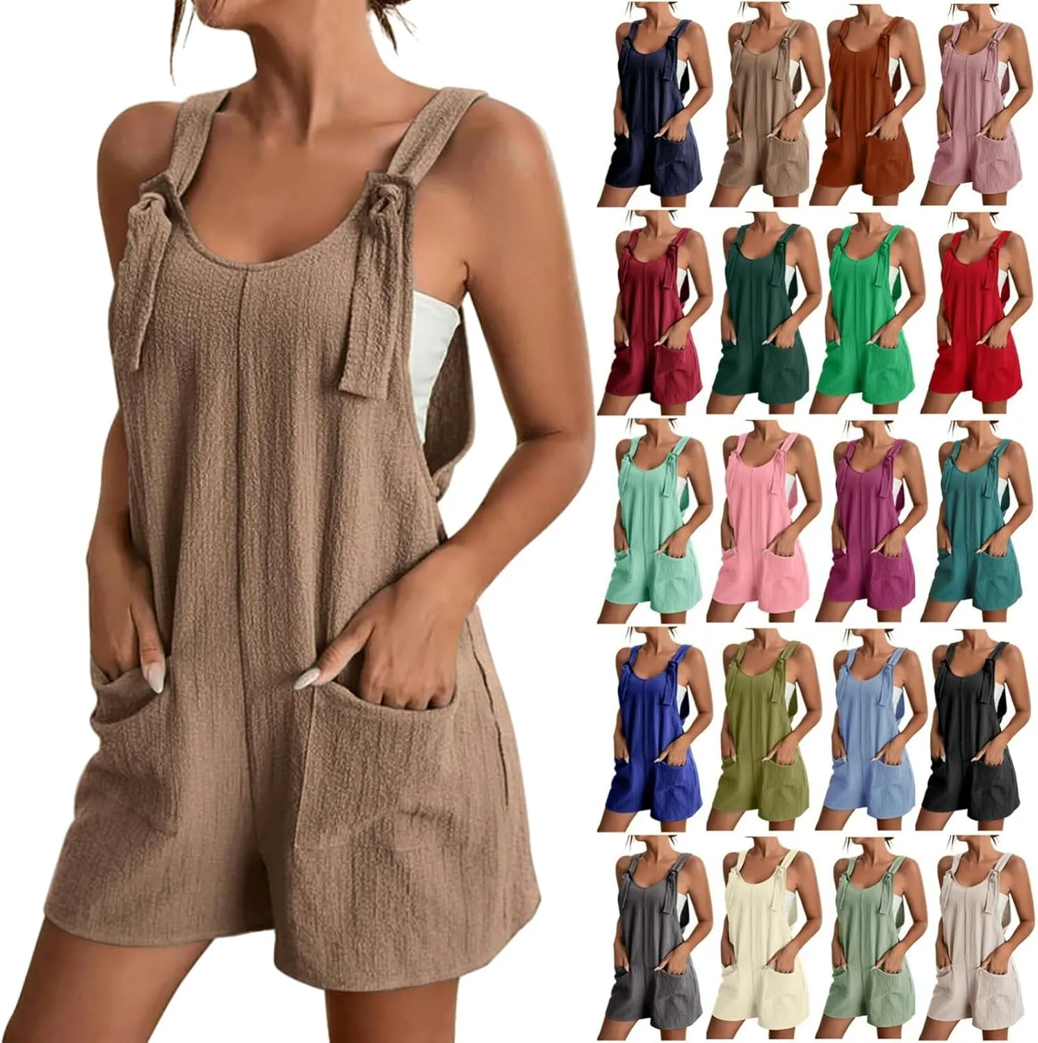 Womens Rompers For Summer Tie Knot Strap Short Romper Jumpsuit Boho Wide Leg Jumper Casual Loose Fit Overalls