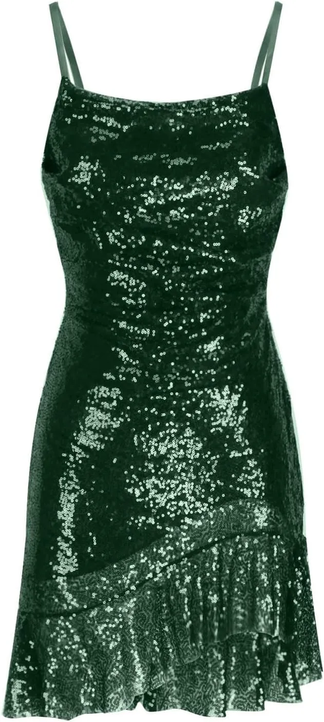 Womens Sequin Dress Spaghetti Strap Criss Cross Strappy Backless Mini Dresses Summer Sexy Ruffle Swing Flowy Dress