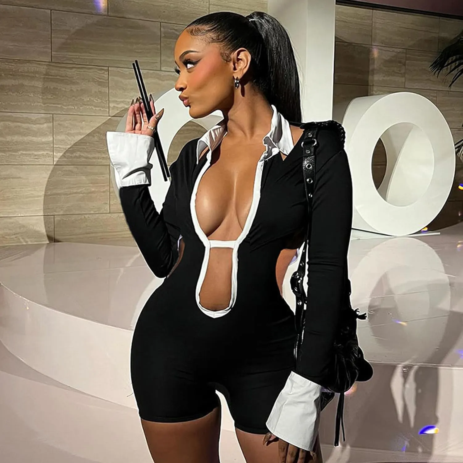 Womens Sexy Hollow Out Long Sleeve Jumpsuit Polo Neck Patchwork Back Lace Up One Piece Outfits Party Club Rompers
