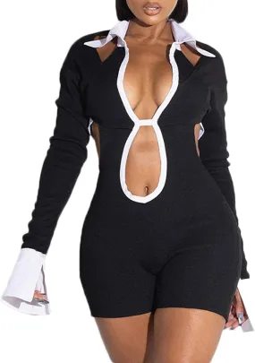 Womens Sexy Hollow Out Long Sleeve Jumpsuit Polo Neck Patchwork Back Lace Up One Piece Outfits Party Club Rompers