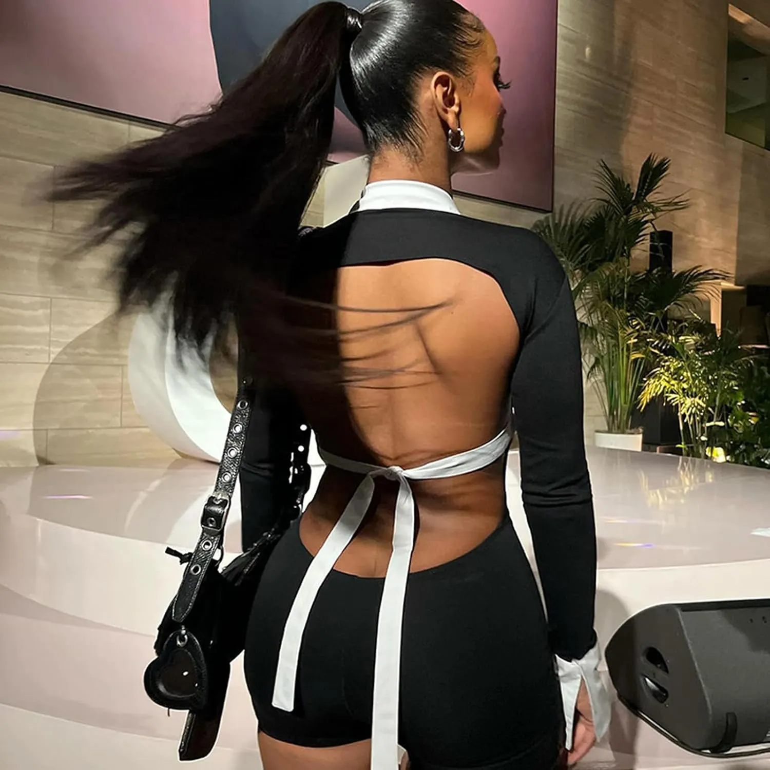Womens Sexy Hollow Out Long Sleeve Jumpsuit Polo Neck Patchwork Back Lace Up One Piece Outfits Party Club Rompers