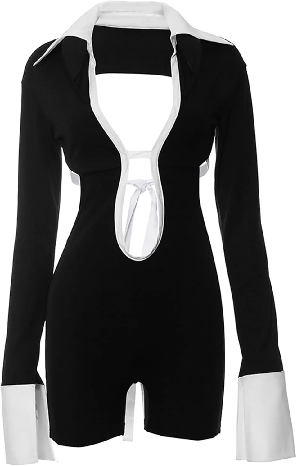 Womens Sexy Hollow Out Long Sleeve Jumpsuit Polo Neck Patchwork Back Lace Up One Piece Outfits Party Club Rompers