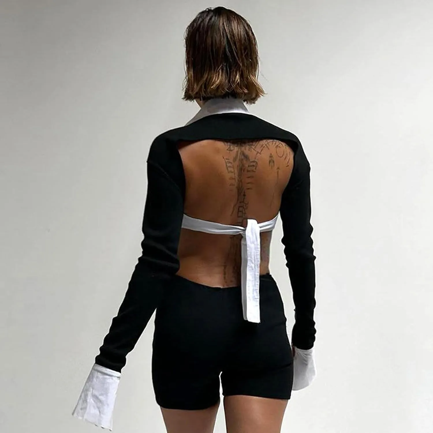 Womens Sexy Hollow Out Long Sleeve Jumpsuit Polo Neck Patchwork Back Lace Up One Piece Outfits Party Club Rompers