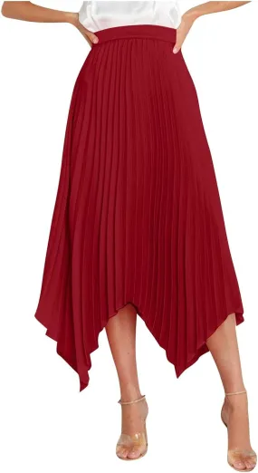 Women's Shirring Pleated Midi Skirt Asymmetrical Hem Trendy Clothes Summer Elastic High Waisted A-Line Swing Skirts