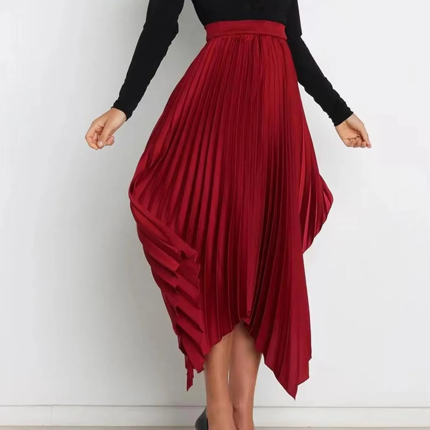 Women's Shirring Pleated Midi Skirt Asymmetrical Hem Trendy Clothes Summer Elastic High Waisted A-Line Swing Skirts
