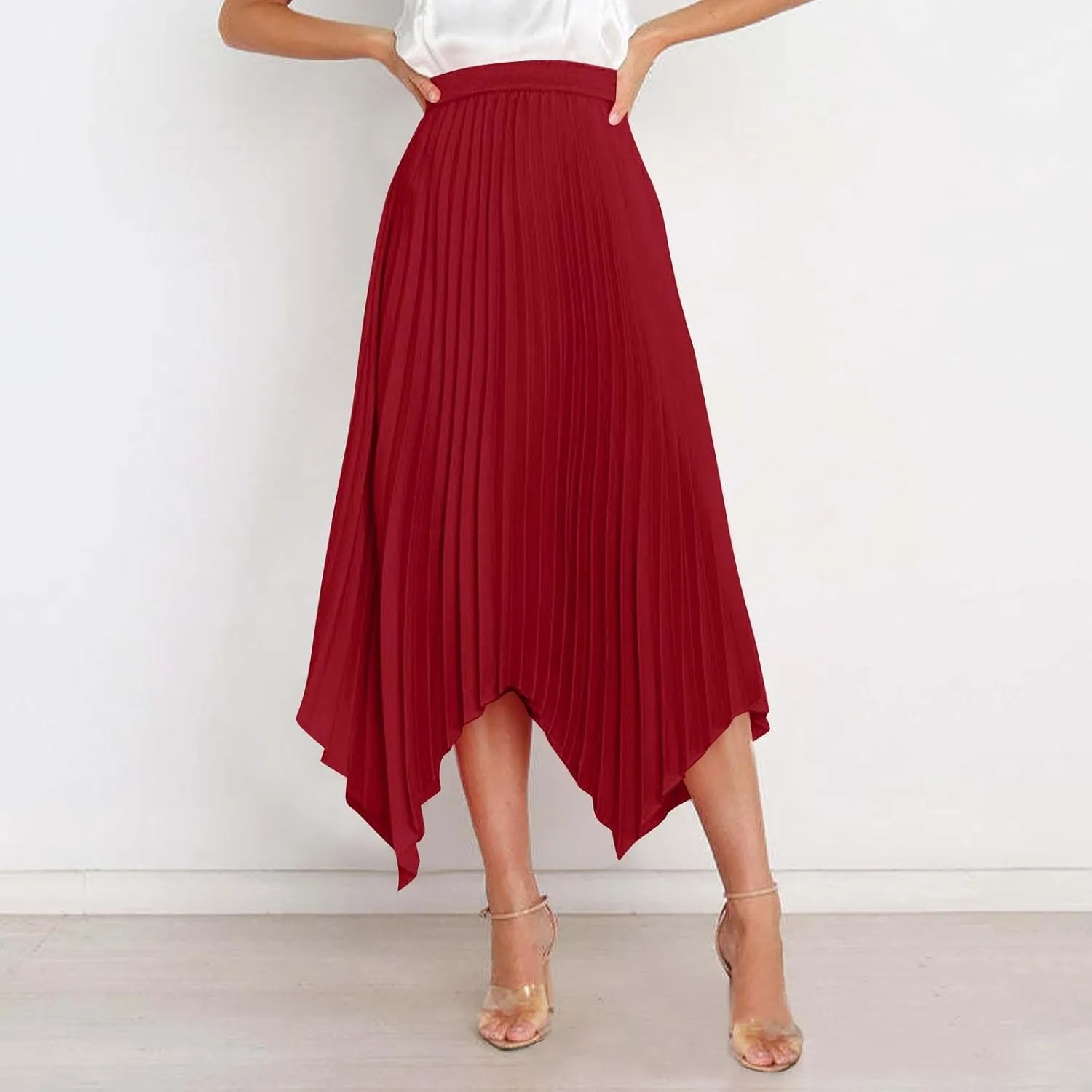 Women's Shirring Pleated Midi Skirt Asymmetrical Hem Trendy Clothes Summer Elastic High Waisted A-Line Swing Skirts