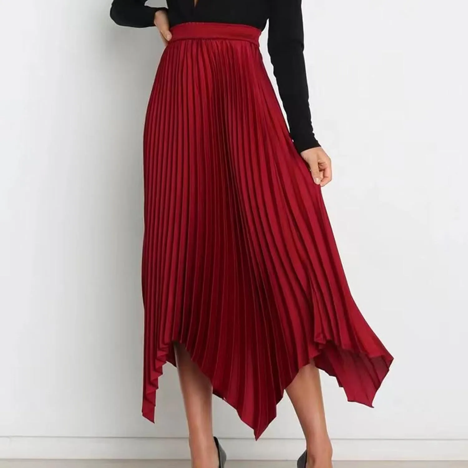 Women's Shirring Pleated Midi Skirt Asymmetrical Hem Trendy Clothes Summer Elastic High Waisted A-Line Swing Skirts