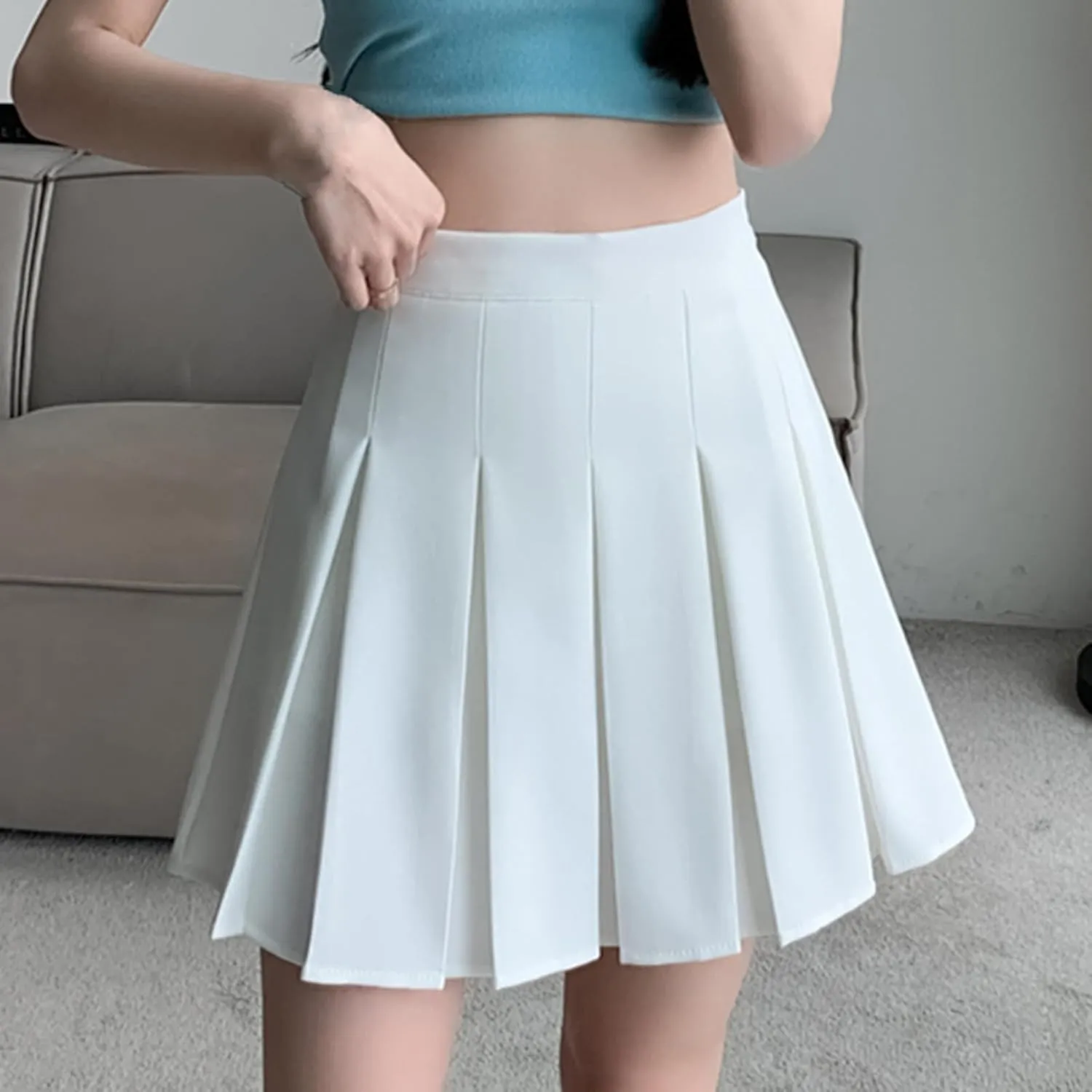 Womens Skirts Front Pleated Stretchy Flared Mini Skater Skirt Vintage A-Line Solid Cheering Skirts for Game Sport