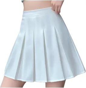 Womens Skirts Front Pleated Stretchy Flared Mini Skater Skirt Vintage A-Line Solid Cheering Skirts for Game Sport