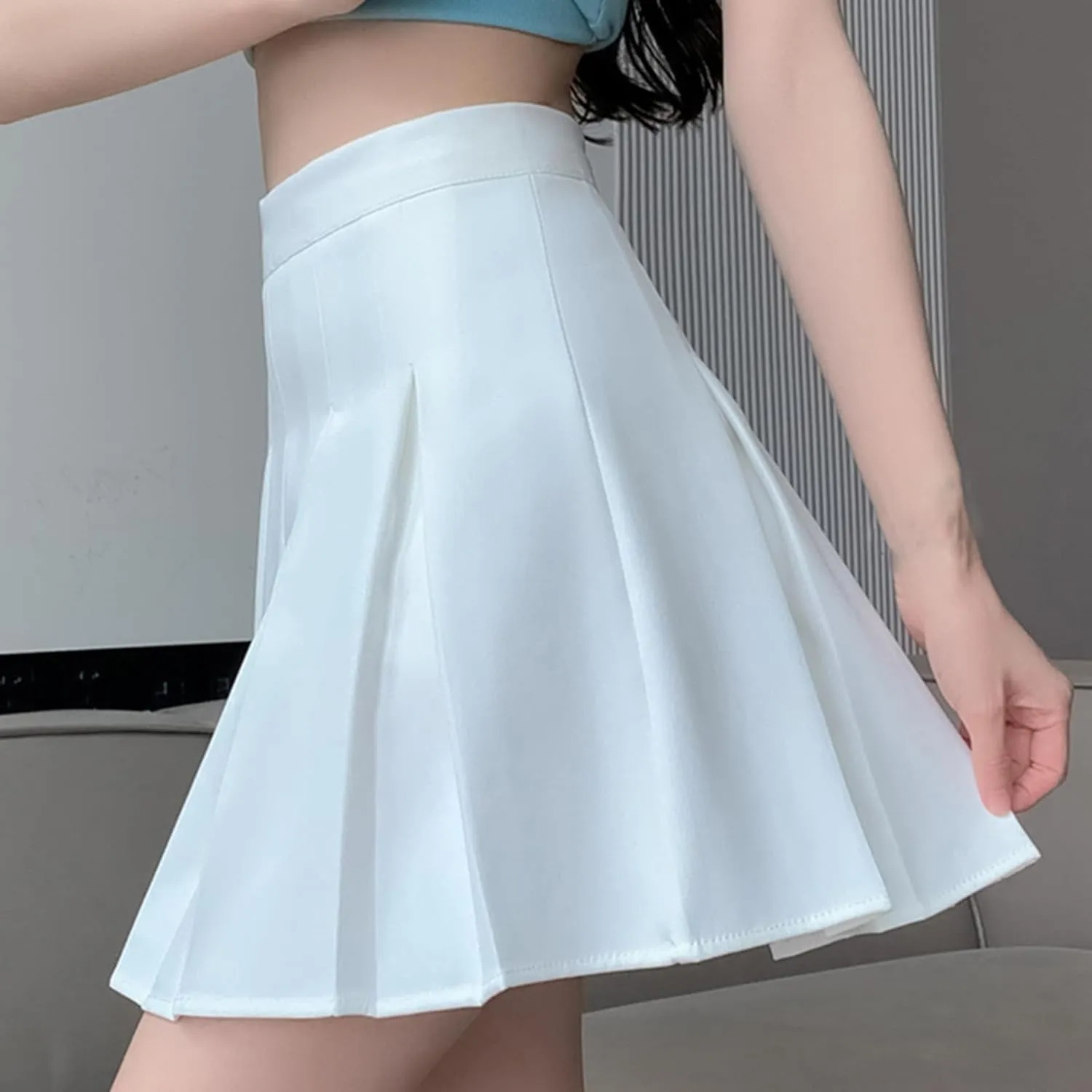 Womens Skirts Front Pleated Stretchy Flared Mini Skater Skirt Vintage A-Line Solid Cheering Skirts for Game Sport
