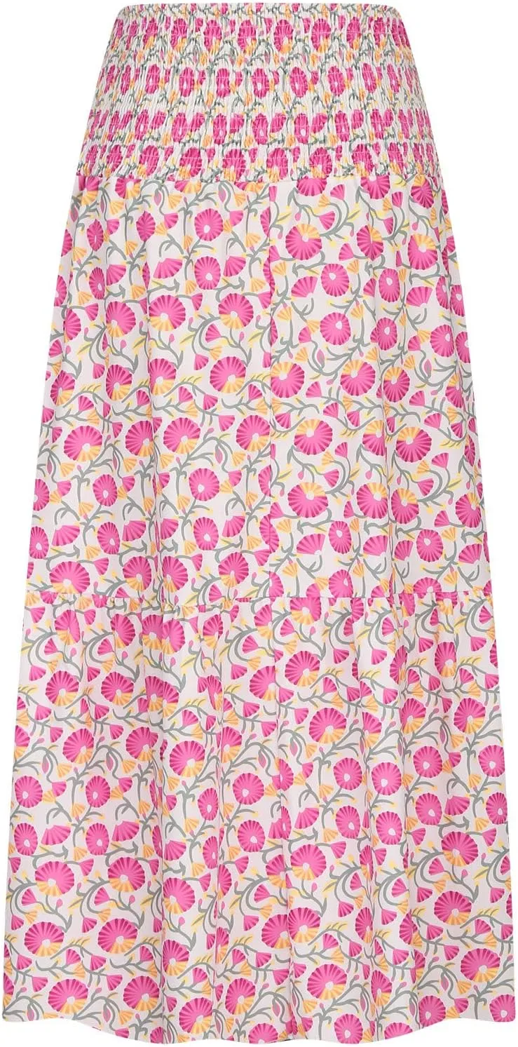 Womens Skirts Midi Length Polka Dot Flowy Long Skirt Belted Elastic Waist Half Skirt Boho Floral Print Swing Skirt