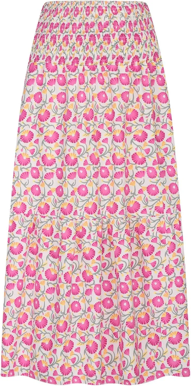 Womens Skirts Midi Length Polka Dot Flowy Long Skirt Belted Elastic Waist Half Skirt Boho Floral Print Swing Skirt