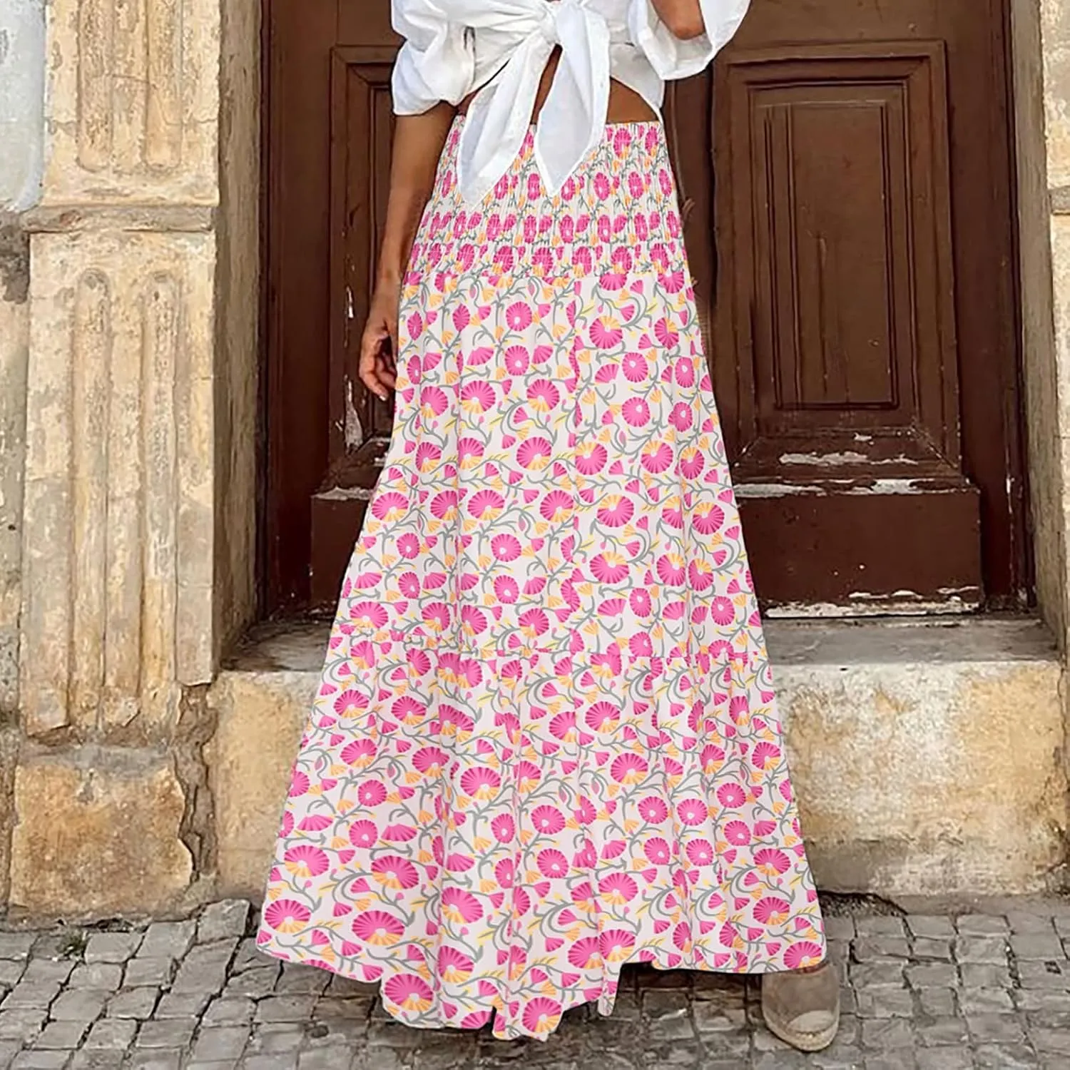 Womens Skirts Midi Length Polka Dot Flowy Long Skirt Belted Elastic Waist Half Skirt Boho Floral Print Swing Skirt