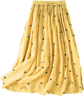 Womens Skirts Midi Length Polka Dot Flowy Long Skirt Belted Elastic Waist Half Skirt Boho Floral Print Swing Skirt