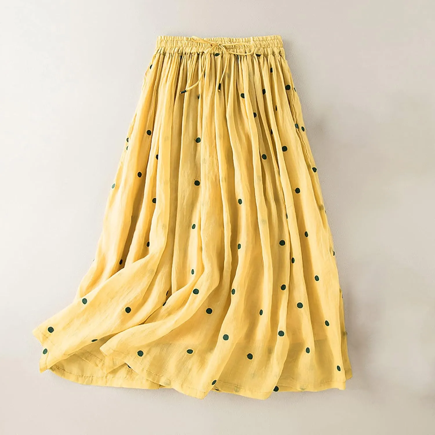Womens Skirts Midi Length Polka Dot Flowy Long Skirt Belted Elastic Waist Half Skirt Boho Floral Print Swing Skirt