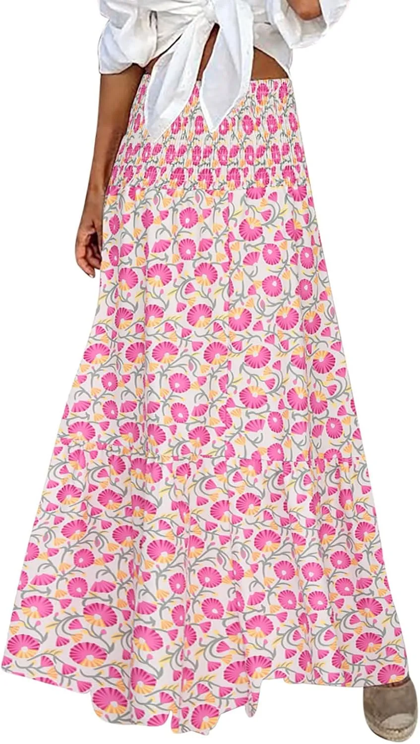 Womens Skirts Midi Length Polka Dot Flowy Long Skirt Belted Elastic Waist Half Skirt Boho Floral Print Swing Skirt