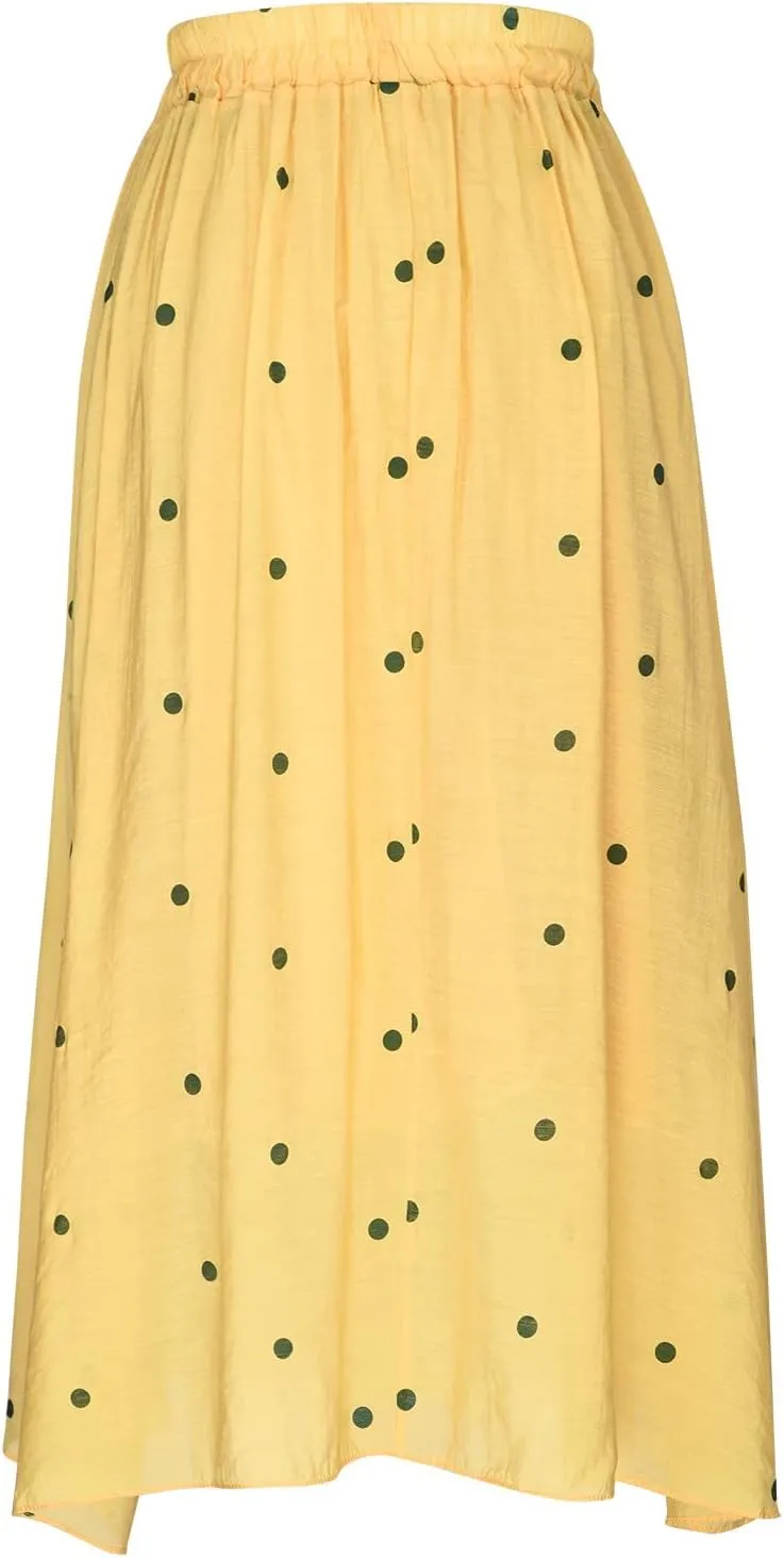 Womens Skirts Midi Length Polka Dot Flowy Long Skirt Belted Elastic Waist Half Skirt Boho Floral Print Swing Skirt