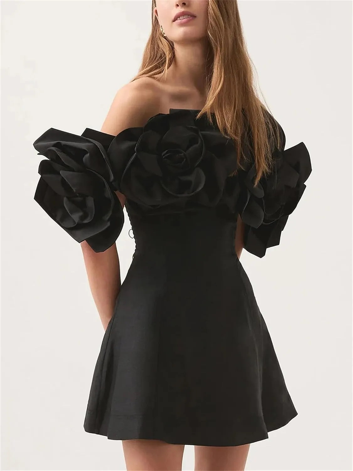 Women's Slash Neck Strapless A-LINE Dress High Waist Solid Color Slim Short Dresses