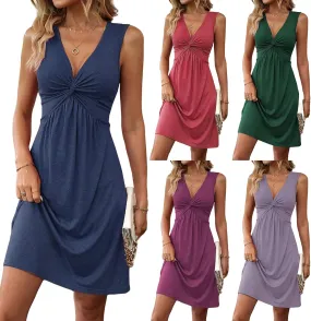 Women's Sleeveless Dress V Neck Twist Knot Tank Dresses Summer Sexy Elegant A Line Sundress Beach Party Dress