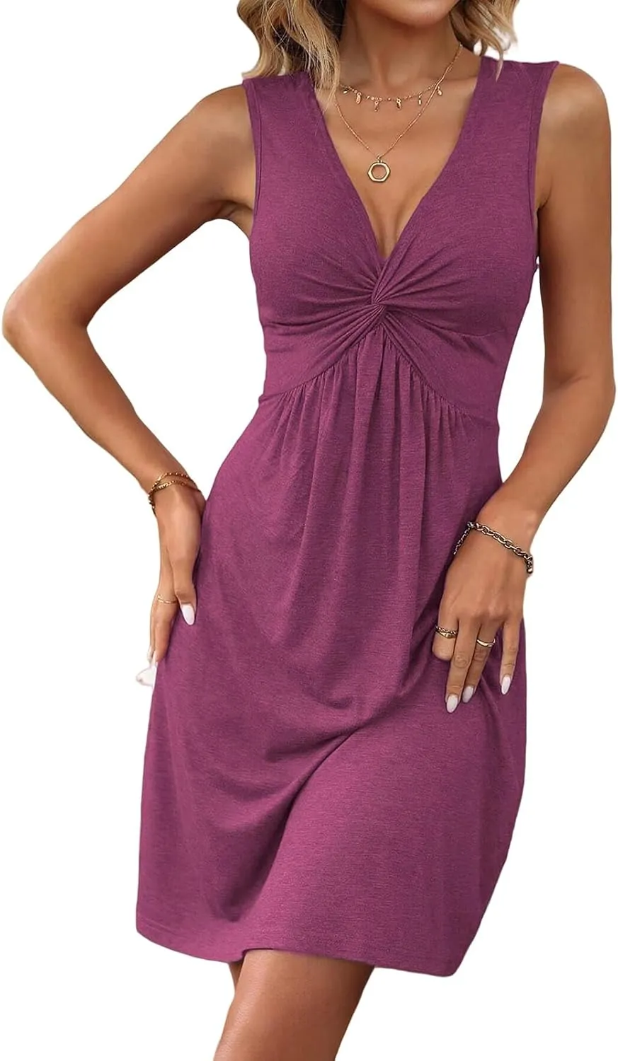 Women's Sleeveless Dress V Neck Twist Knot Tank Dresses Summer Sexy Elegant A Line Sundress Beach Party Dress