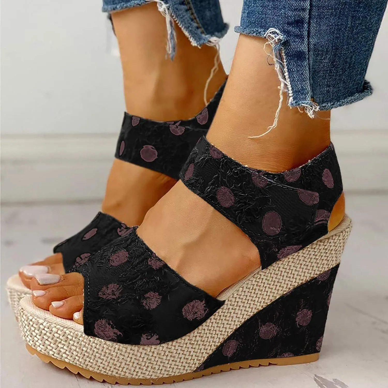Womens Slip On Espadrilles Wedges Sandals Slides Platform Summer High Heel Open Toe Ankle Strap Buckle Sandal Comfortable Dot Print Hook and Loop Fashion Trendy Travel Outdoor Espadrilles Shoes