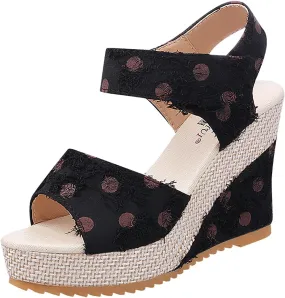 Womens Slip On Espadrilles Wedges Sandals Slides Platform Summer High Heel Open Toe Ankle Strap Buckle Sandal Comfortable Dot Print Hook and Loop Fashion Trendy Travel Outdoor Espadrilles Shoes