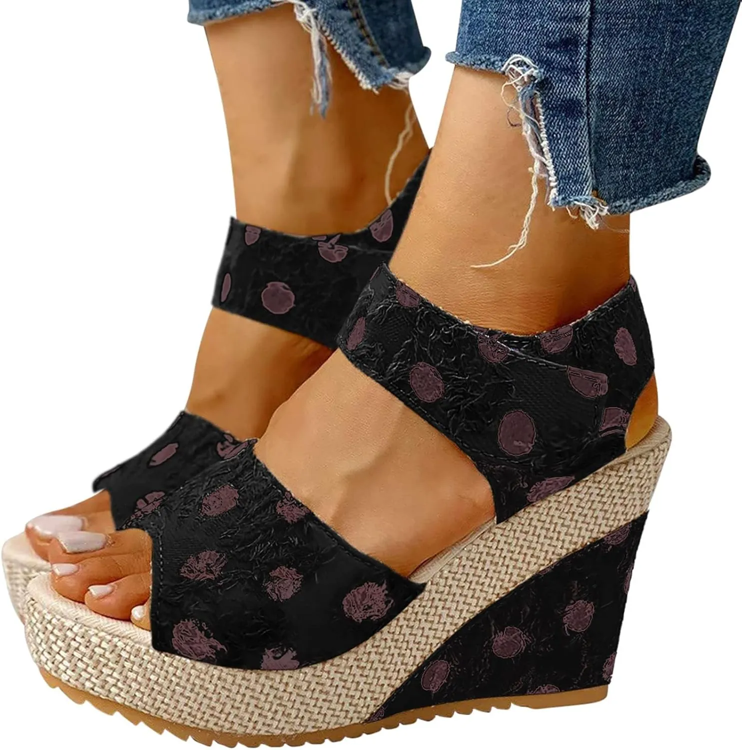 Womens Slip On Espadrilles Wedges Sandals Slides Platform Summer High Heel Open Toe Ankle Strap Buckle Sandal Comfortable Dot Print Hook and Loop Fashion Trendy Travel Outdoor Espadrilles Shoes
