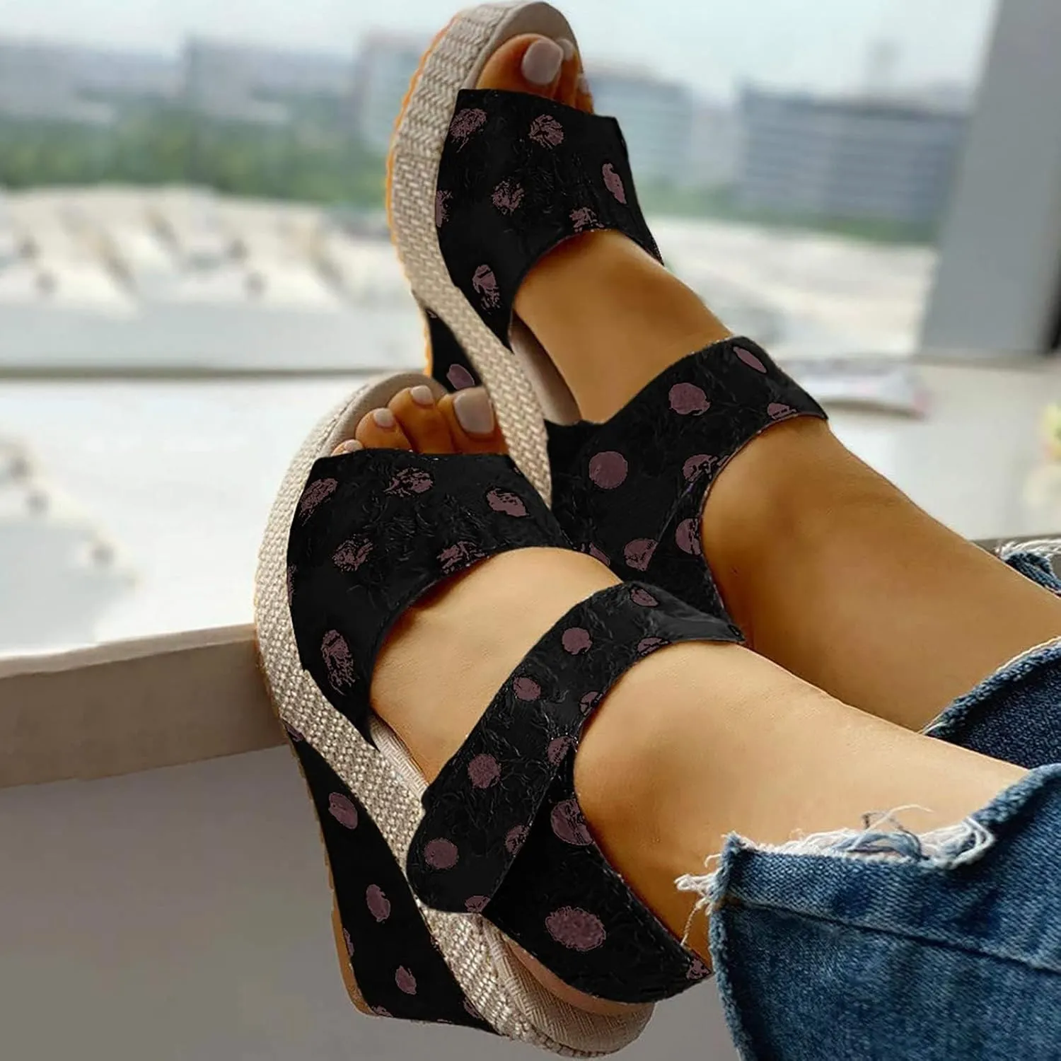 Womens Slip On Espadrilles Wedges Sandals Slides Platform Summer High Heel Open Toe Ankle Strap Buckle Sandal Comfortable Dot Print Hook and Loop Fashion Trendy Travel Outdoor Espadrilles Shoes